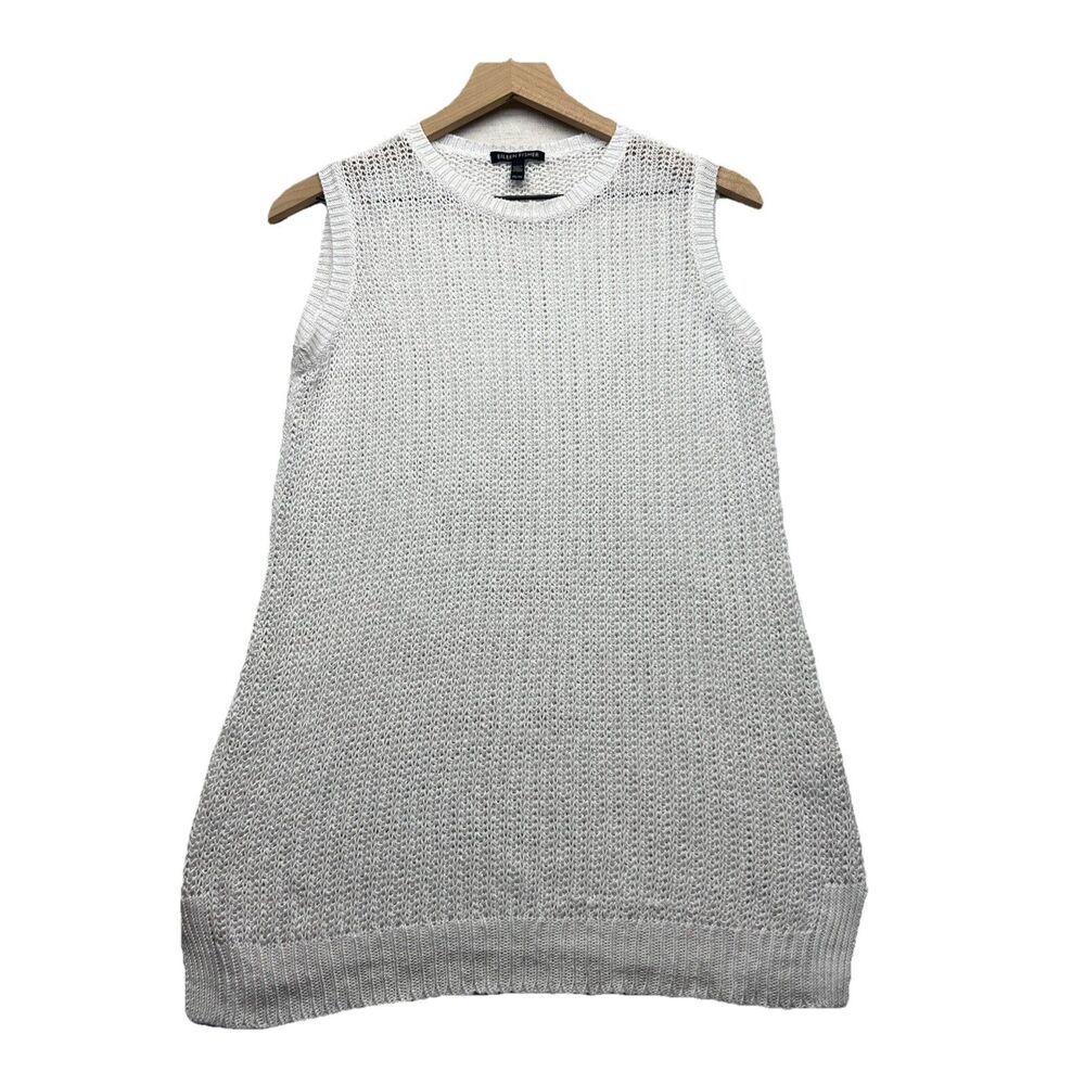 EILEEN FISHER Sweater XS TP Organic Linen Tunic Open Knit Tank Sleeveless White